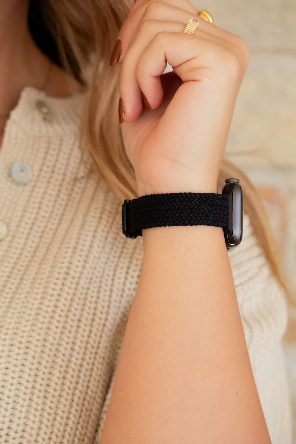 Black Thin Weaved Adjustable Elastic Watch Band Andi