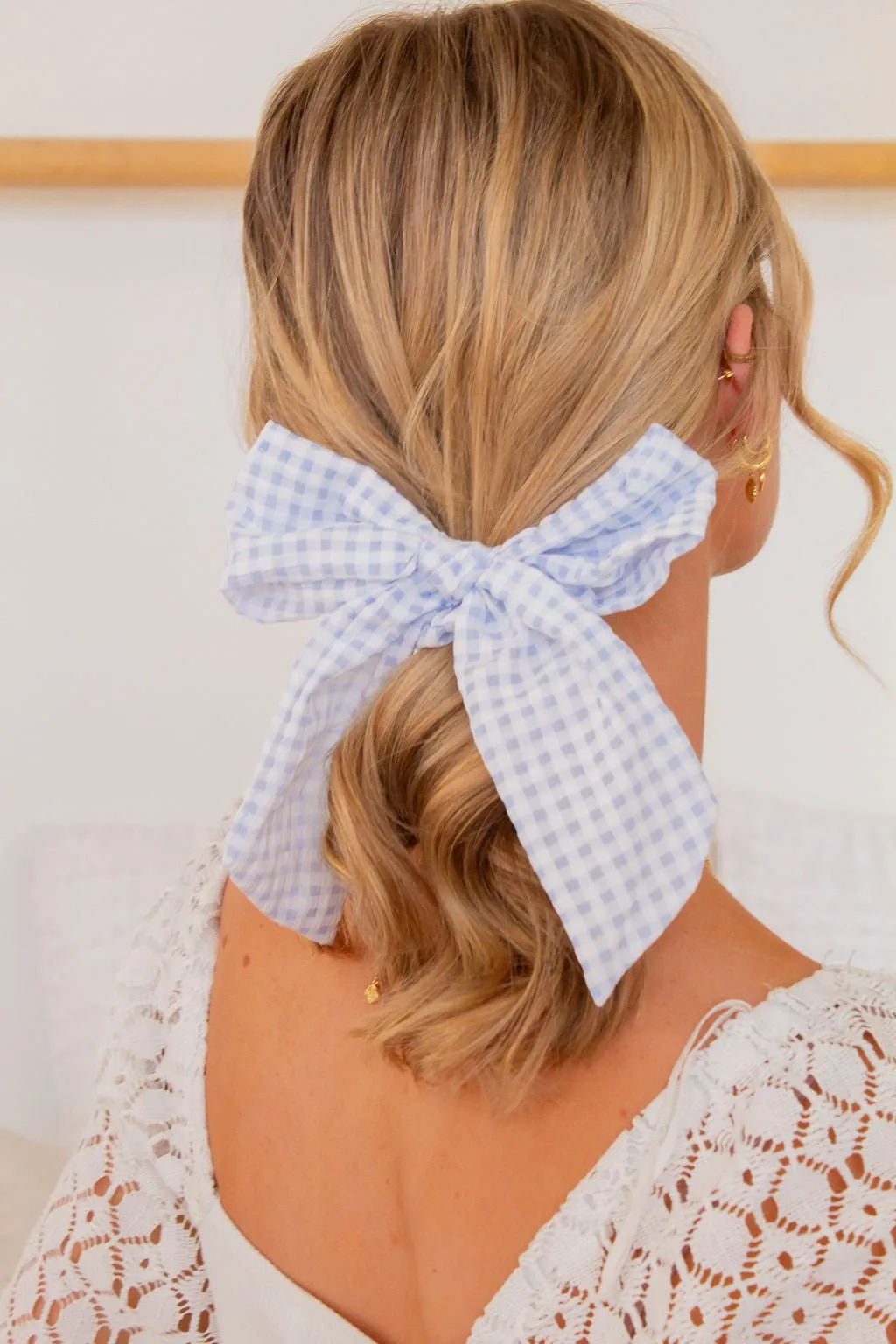 Blue Gingham Long Bow Scrunchie Andi