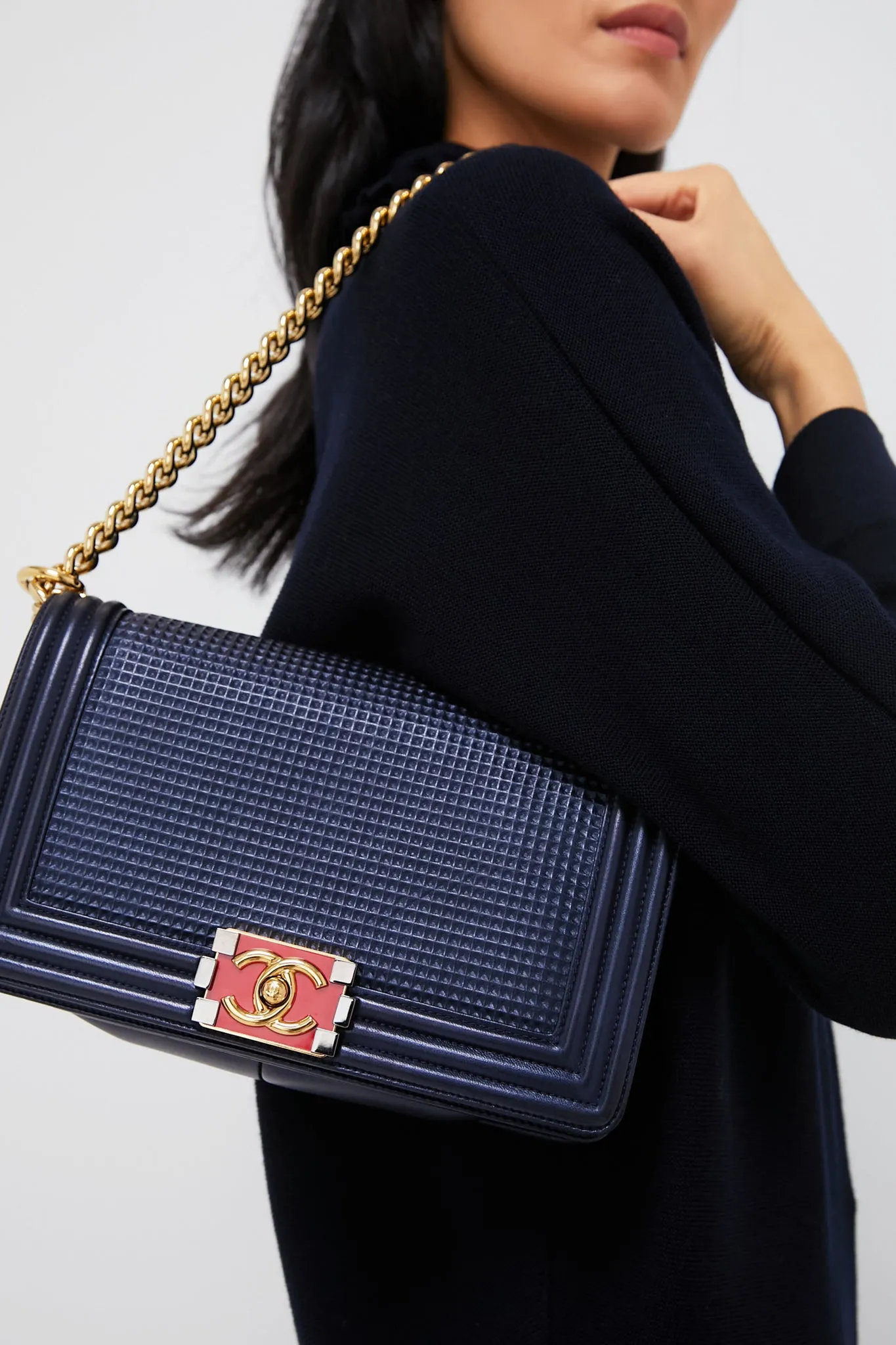 Chanel Boy Embossed Bicolor Shoulder Bag