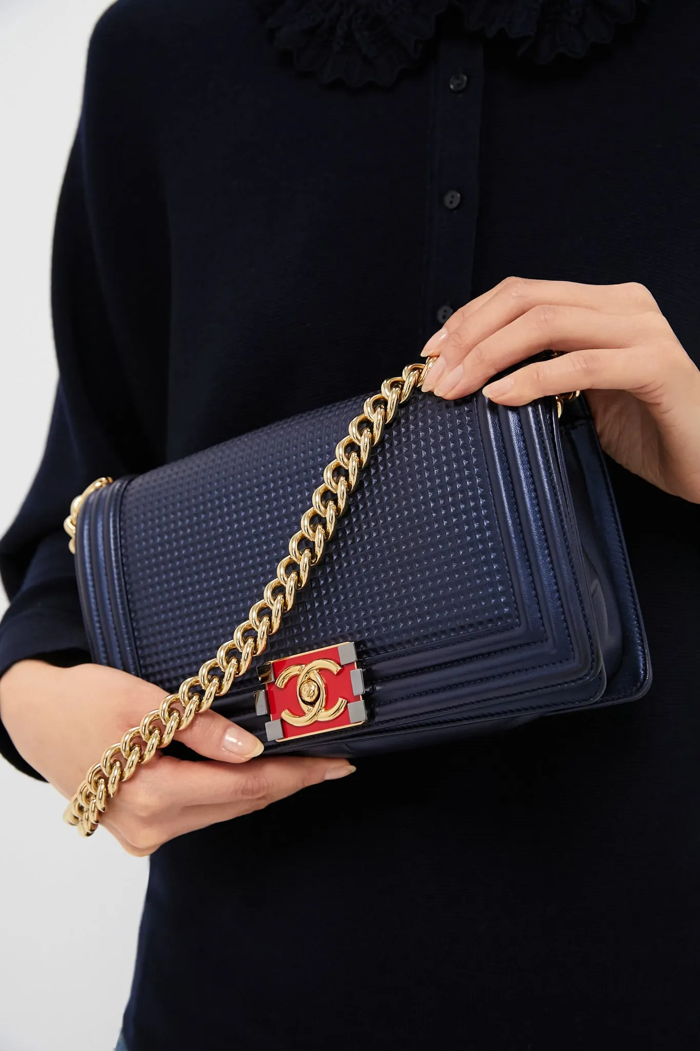 Chanel Boy Embossed Bicolor Shoulder Bag