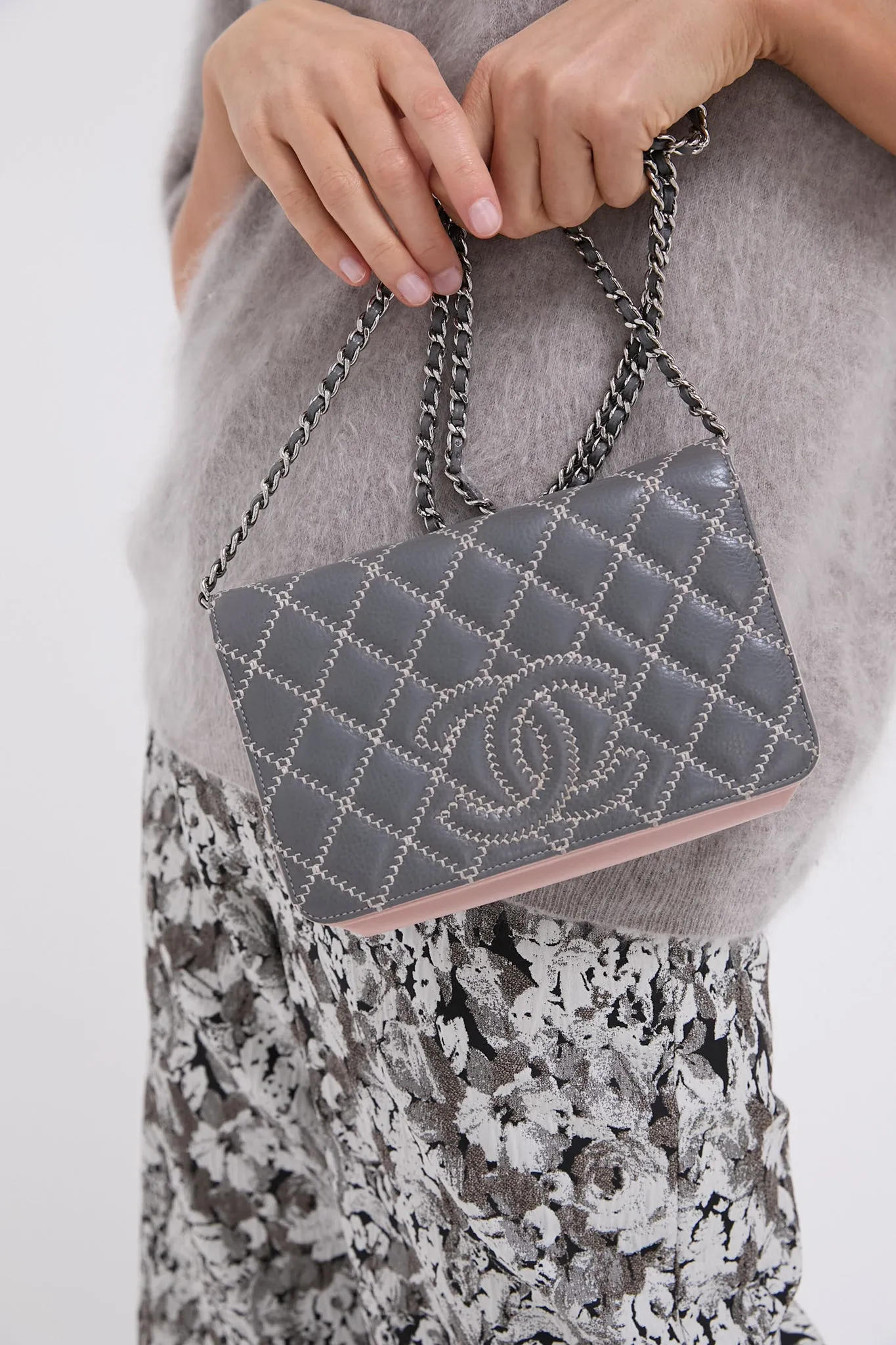 CHANEL Grey Wild Stitch Wallet on Chain