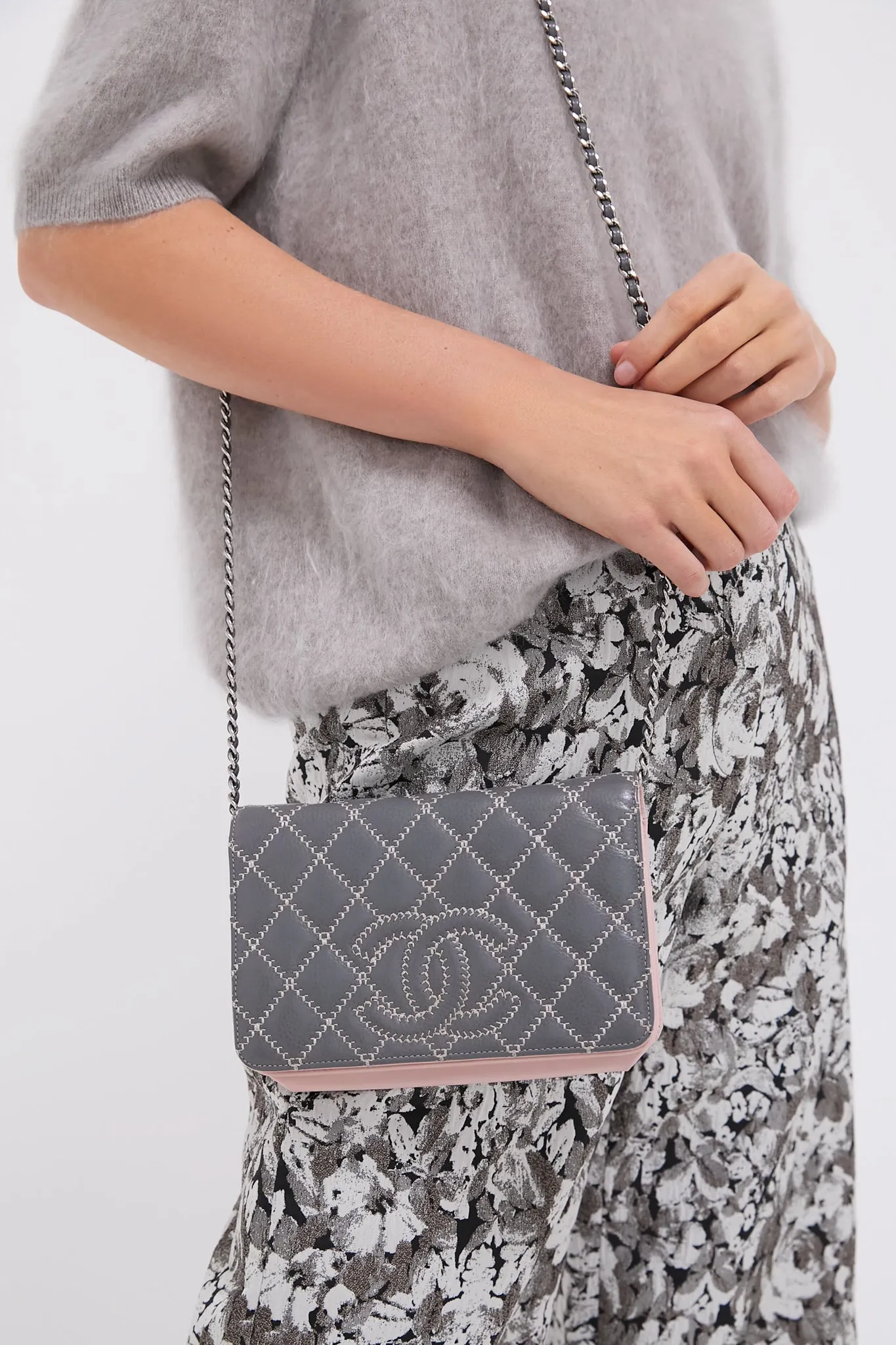 CHANEL Grey Wild Stitch Wallet on Chain