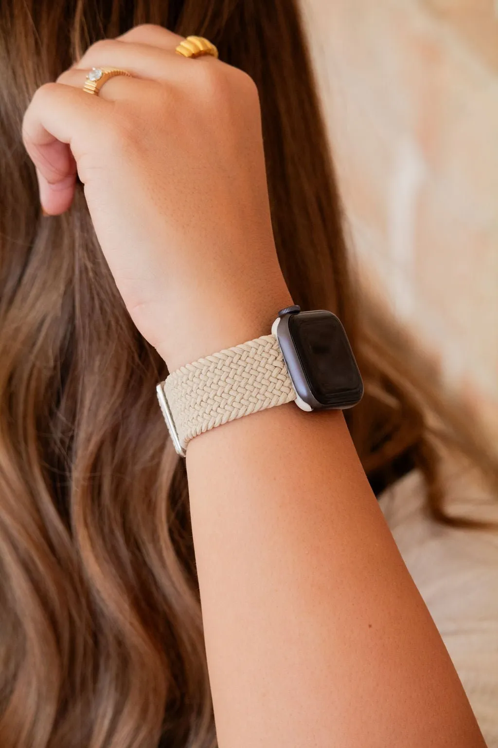 Cream Thick Weaved Adjustable Elastic Watch Band Andi