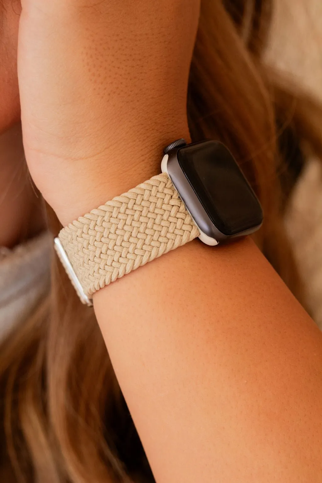 Cream Thick Weaved Adjustable Elastic Watch Band Andi