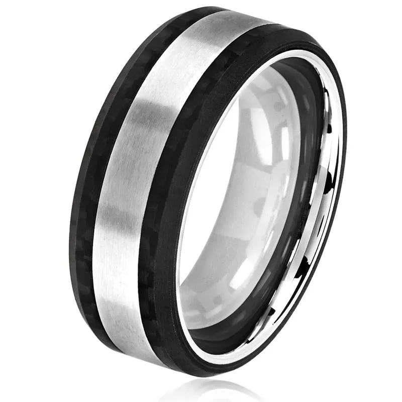 Crucible Los Angeles Men's Brushed Stainless Steel Carbon Fiber Beveled Comfort Fit Ring