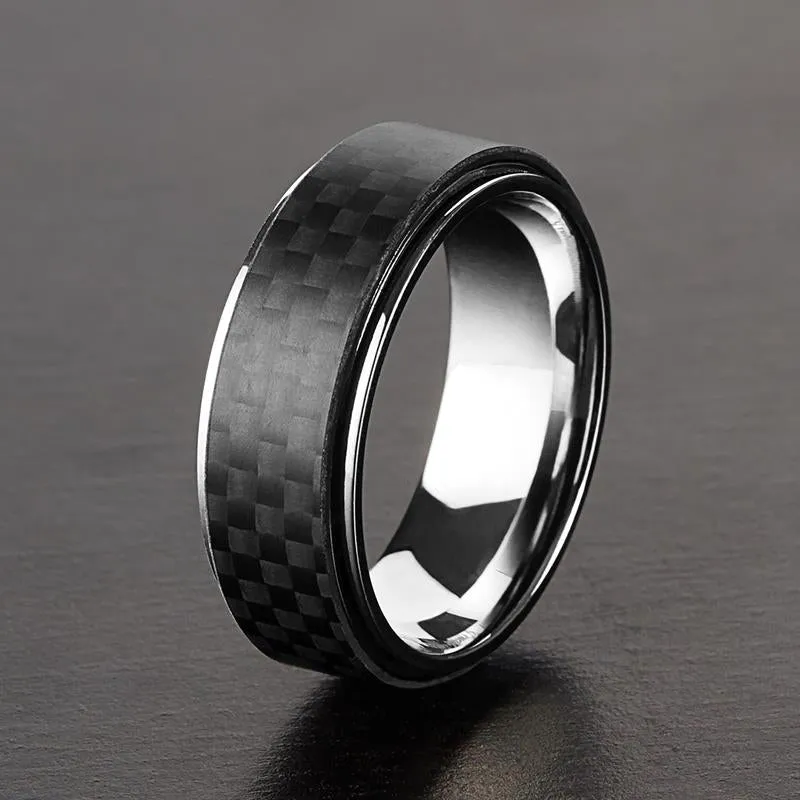 Crucible Los Angeles Men's High Polish Stainless Steel Carbon Fiber Overlay Comfort Fit Ring