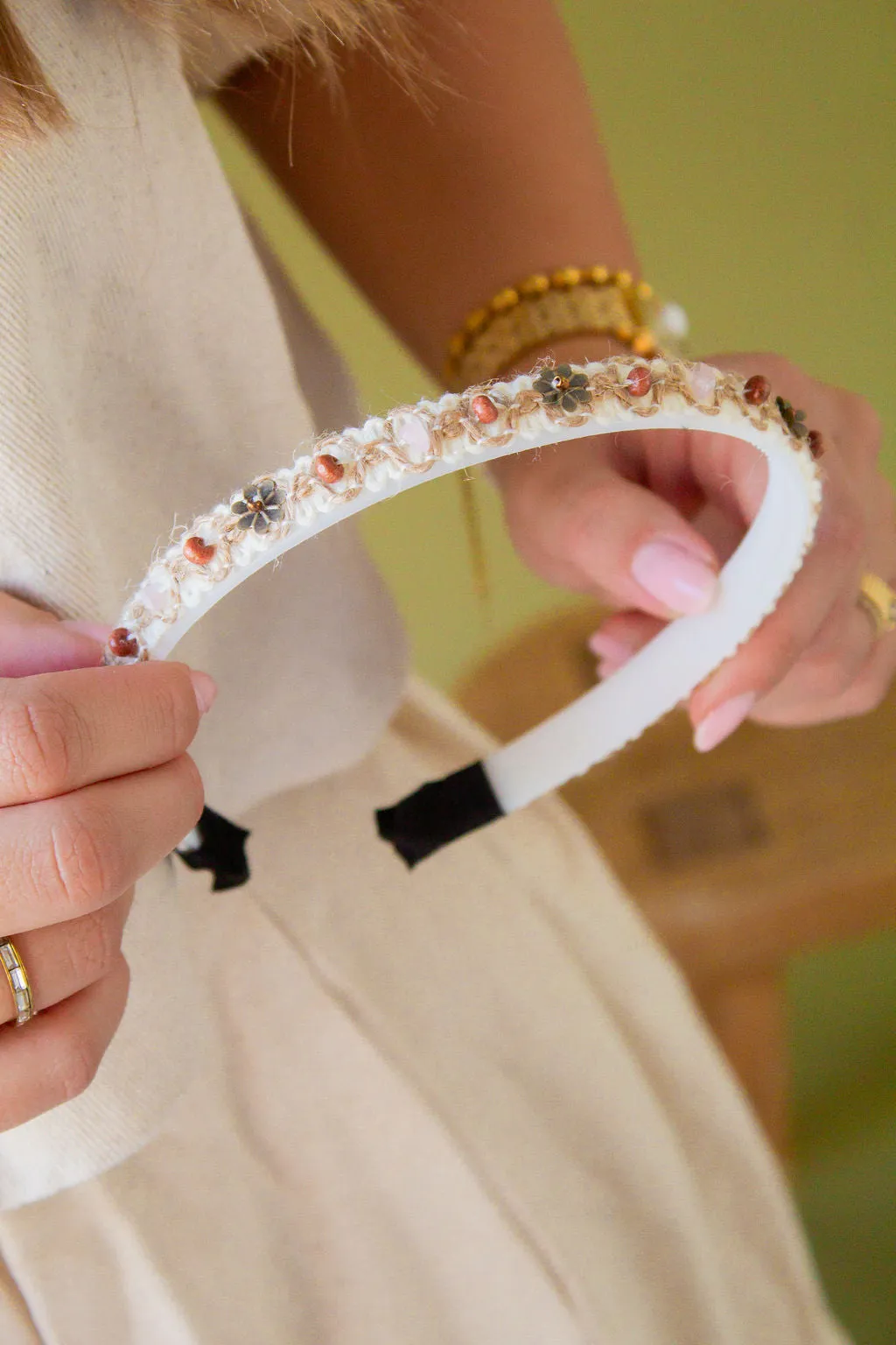 Thin Cream Beaded Headband Andi