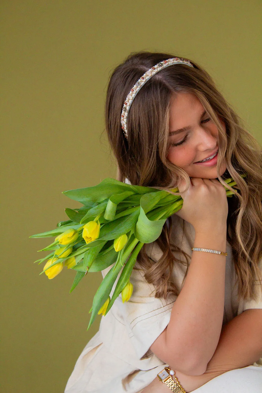 Thin Cream Beaded Headband Andi